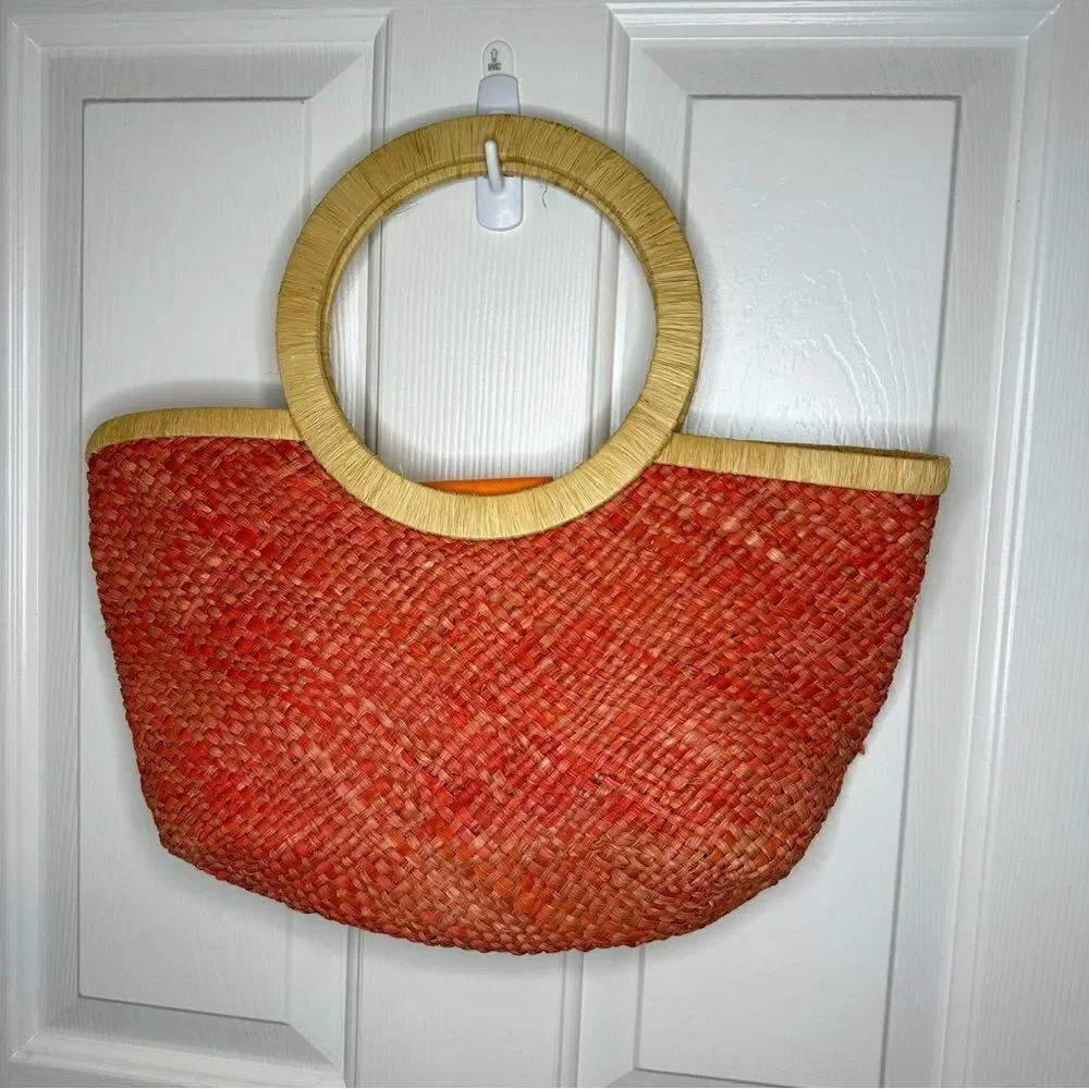 VTG Marld Orange Woven Straw Floral Medium Sz Handbag Bohemian Retro Spring 90s - Picture 5 of 9